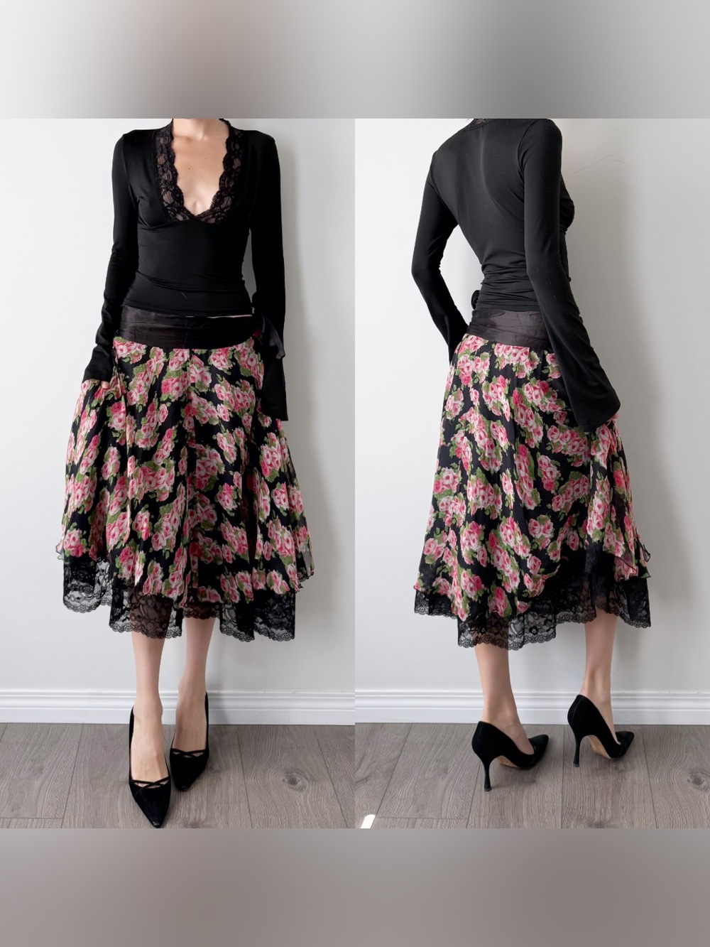 Y2K Ericot Chic 100% silk floral lace trim midi skirt